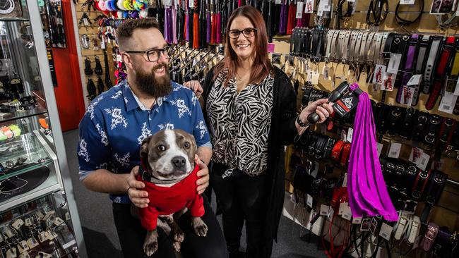 Adult Bliss Erotica store owners Simon Mawson and partner Monique Turmine with dog Chester in Glen Osmond. Picture: Tom Huntley