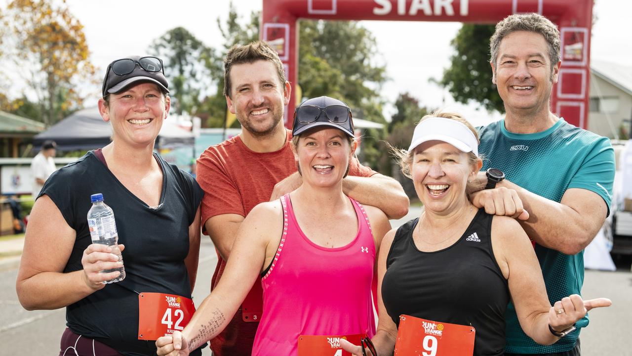 Team Withcott P and C members (from left) Kristy Walsh, Matthew Arnold, Gemma Arnold, Traci Cash and Daniel Cash after completing the Run the Range Milne Bay Challenge hosted by Toowoomba Metropolitan Rotary Club, Sunday, May 7, 2023. Picture: Kevin Farmer