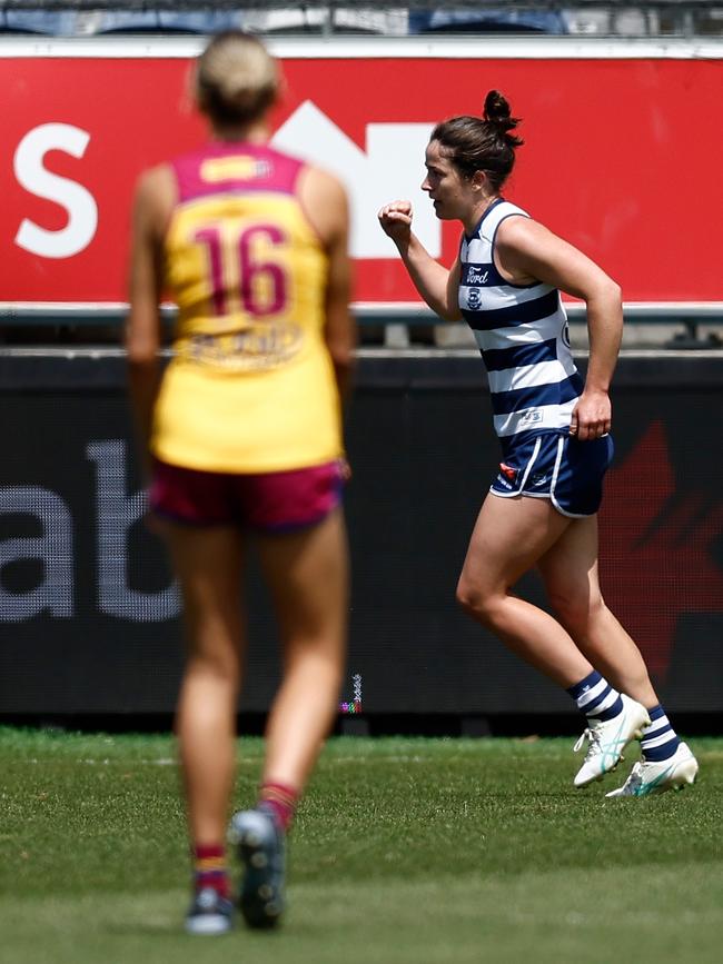 Geelong’s Jackie Parry celebrates an early goal against the Lions. Picture: Michael Willson/AFL Photos via Getty Images