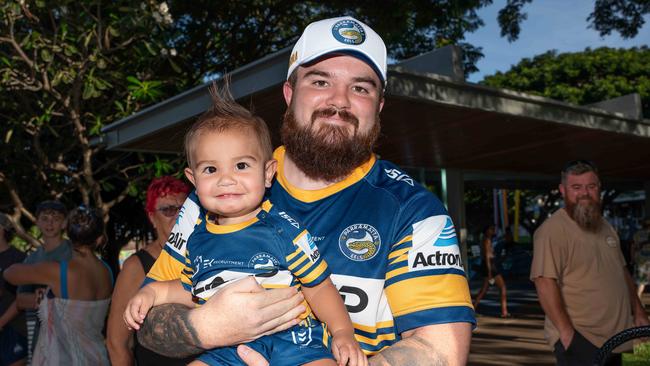 Jordan Keating and Jordan Jr Keating at the Parramatta player signing on the Darwin Waterfront. Picture: Pema Tamang Pakhrin