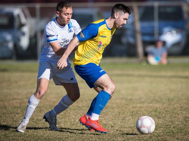 Broadbeach United goalscorer Josh Riis (right). Picture: East End Digital