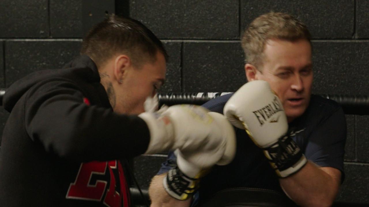 Channel 7's Grant Denyer sparring with boxing world champion George Kambosos. Picture: Channel 7