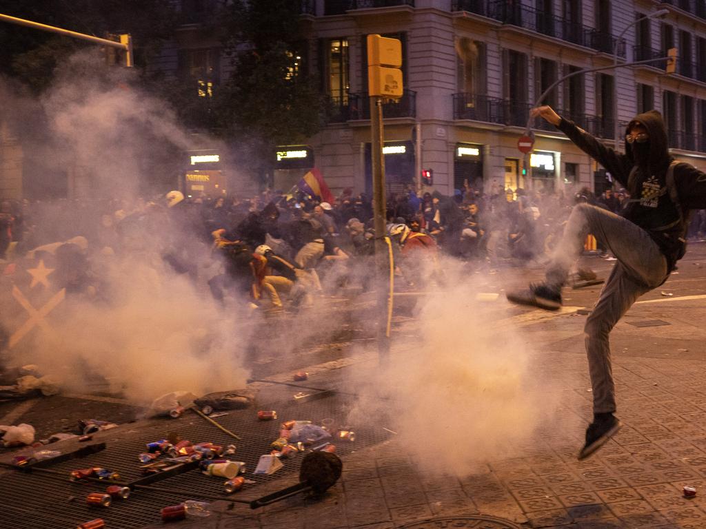 The Catalan regional capital is bracing for a fifth day of protests over the conviction of a dozen Catalan independence leaders. Picture: AP Photo/Emilio Morenatti