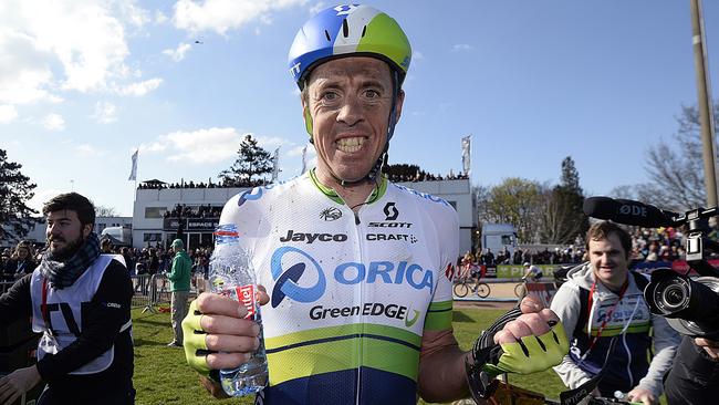 Mathew Hayman celebrates after winning the Paris-Roubaix classic.