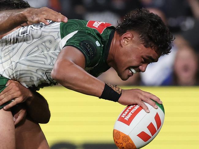 SYDNEY, AUSTRALIA - FEBRUARY 15: Jacob Laban of the Maori All Stars scores a try during the Men's NRL All Stars match between Indigenous and Maori at CommBank Stadium on February 15, 2025 in Sydney, Australia. (Photo by Matt King/Getty Images)