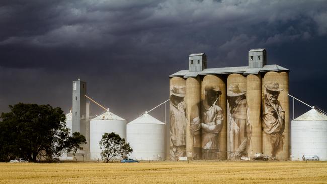 A Brim silo painted by artist Guido Van Helten.