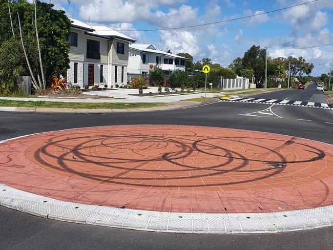 Tyre marks on the roundabout at the intersection of Moolyyir and Pulgul Streets Urangan.