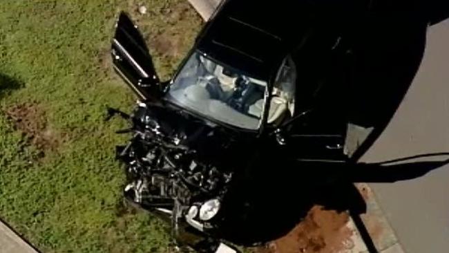 The smashed stolen car in Roxburgh Park. Picture: Channel 9