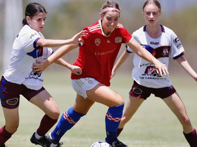 The Gold Coast Knights clash with MA Olympic in the FQPL Women’s Champions League final. Picture: Sharon Woodward.