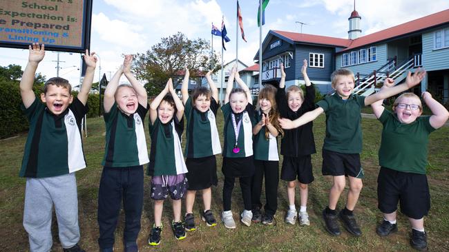 Caboolture State School prep students are back at school after COVID-19 restrictions are eased. Preppies Jacob, Addison, Tyrell, Eve, Evie, Madison, Tyler, Noah and Harrison are happy to be back at school. June 17, 2020. Picture: Renae Droop