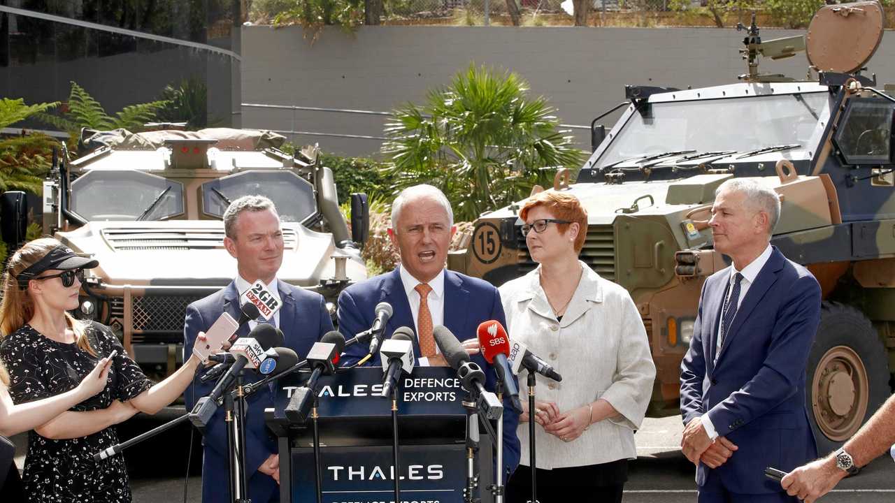 ARMS SALES: (L-R) Minister for Defence Industry, Christopher Pyne, Prime Minister Malcolm Turnbull, Minister for Defence Marise Payne and Thales CEO Chris Jenkins unveil a new plan to boost Australian defence exports with an aim to move up the global rankings to be in the top 10. Picture: DANIEL MUNOZ