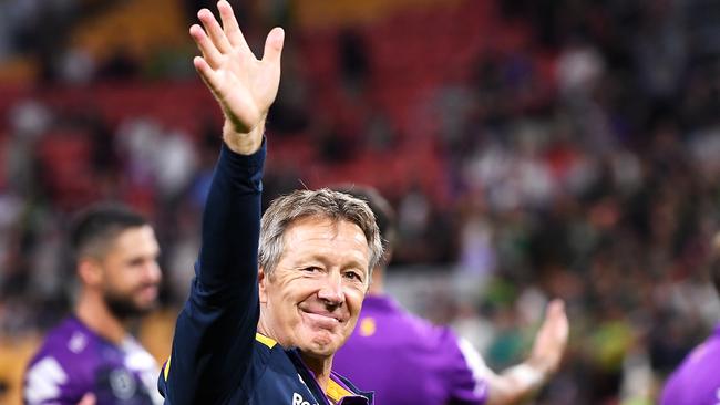 BRISBANE, AUSTRALIA - OCTOBER 16: Storm coach Craig Bellamy acknowledges the crowd after victory in the NRL Preliminary Final match between the Melbourne Storm and the Canberra Raiders at Suncorp Stadium on October 16, 2020 in Brisbane, Australia. (Photo by Bradley Kanaris/Getty Images)