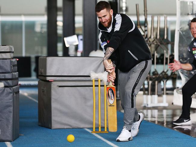 Jeremy Howe tries out his hand at a spot of cricket. Picture: Michael Dodge/Getty