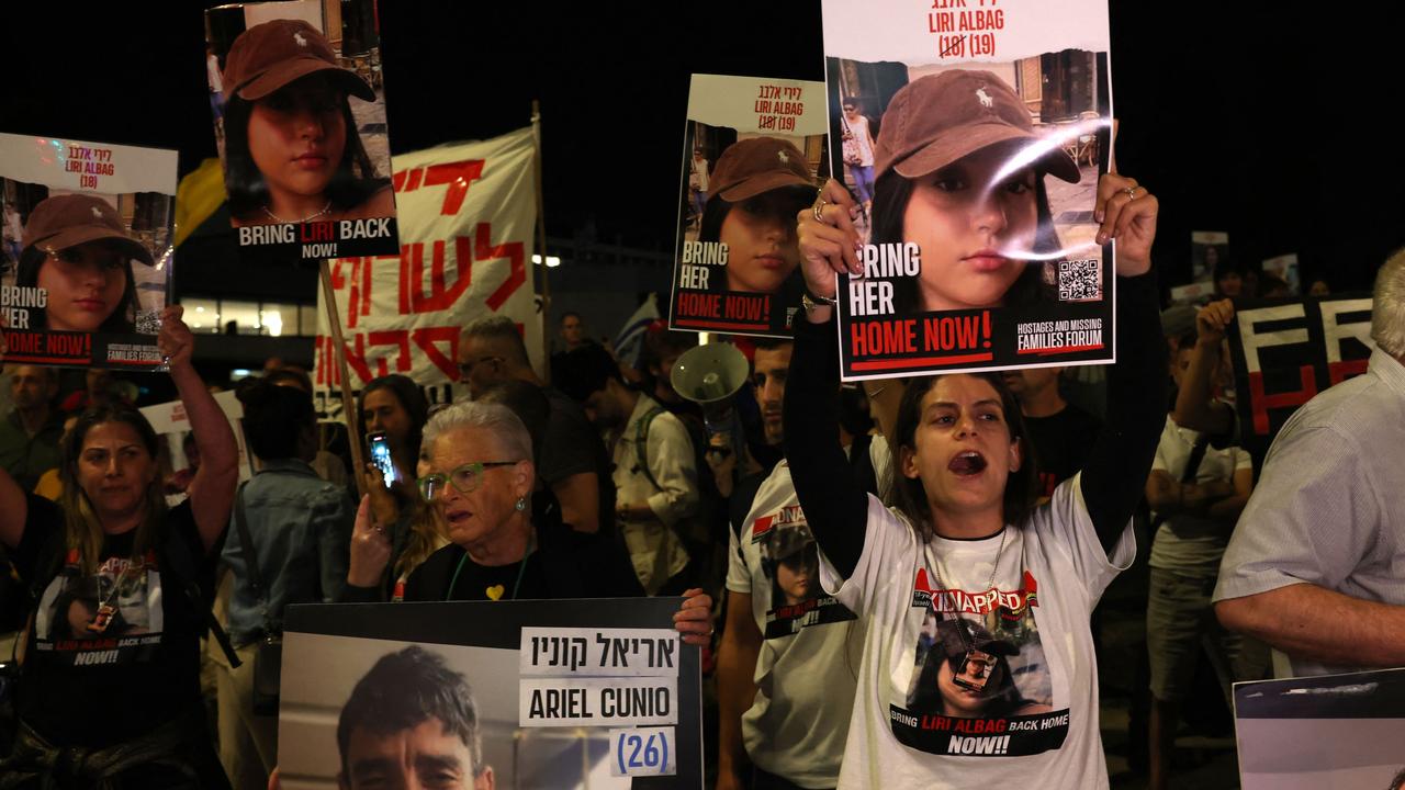 Relatives and supporters rally outside the PM’s office in Jerusalem. Picture: Ahmad Gharabli/AFP