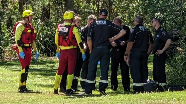 Firefighters called to Downfall Creek at Chermside, where a body has been found. Picture: David Clark