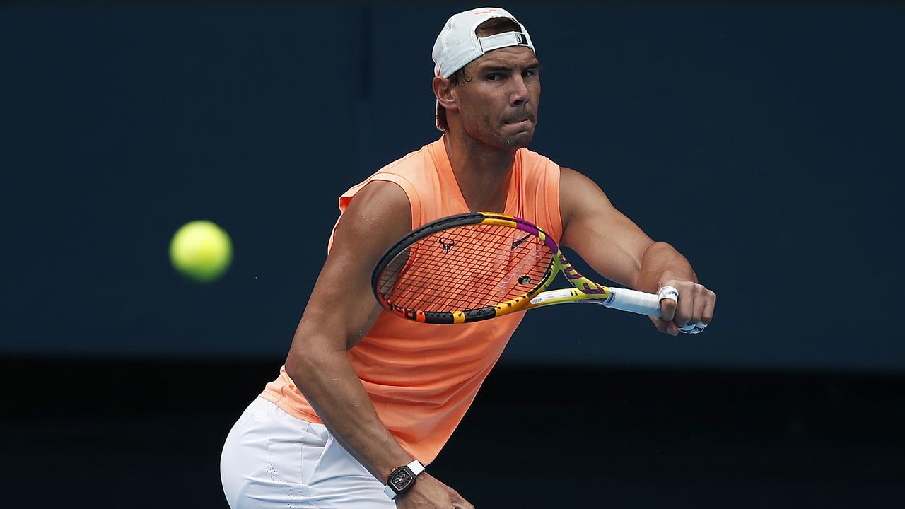 Rafael Nadal warming up ahead of the Australian Open. Picture: Getty Images