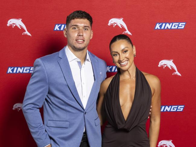 Jake Averillo at the Dolphins 2025 season launch with fiancé Charli Watts. Picture: Richard Walker