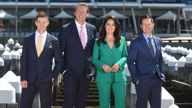 Channel 7 cricket commentating team in Melbourne: Tim Paine, Glenn McGrath, Mel McLaughlin and Ricky Ponting. Picture: Tony Gough