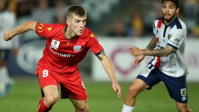 Adelaide United’s Riley McGree in front of Central Coast Mariners’ Daniel De Silva in the Reds 2-1 FFA Cup semi final win at Central Coast Stadium in October. McGree is destined to miss Sunday’s clash in Gosford with a knee injury. (Photo by Ashley Feder/Getty Images)