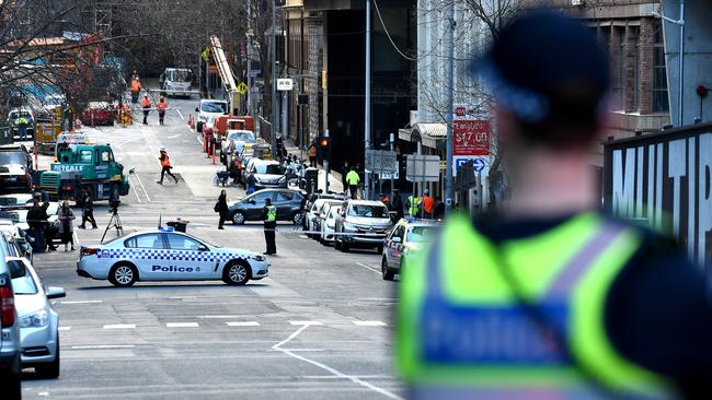 Police investigate after a woman was fatally killed A'Beckett Melbourne. Picture: Nicole Garmston