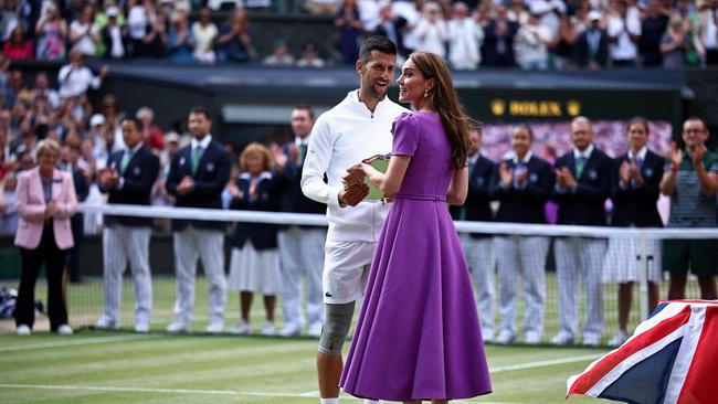 Second-placed Novak Djokovic accepts his prize from the Princess of Wales. Picture: AFP