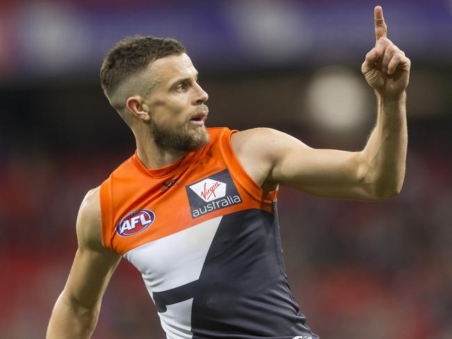 Brett Deledio of the Giants celebrates after kicking a goal during the Round 19 AFL match against St Kilda at Spotless Stadium in Sydney. Picture: Craig Golding