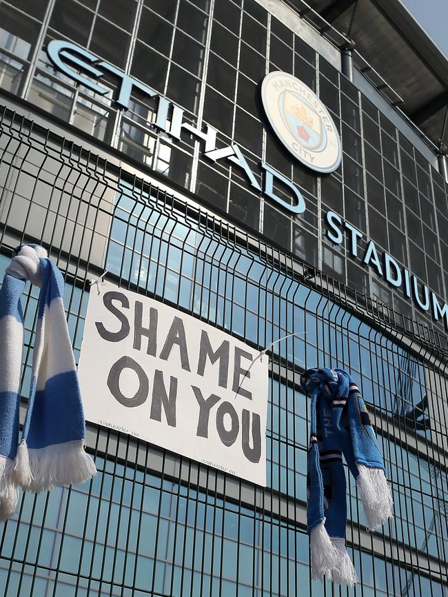 A sign protesting against the breakaway league was also put up at Manchester City’s home. Picture: Getty