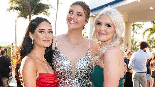 Maddi Ellis, Amy Ceaser and Chloe Hodgkinson at the Mackay Northern Beaches State High School Senior Formal Class of 2022 held at Mantra Mackay Marina. Picture: Michaela Harlow