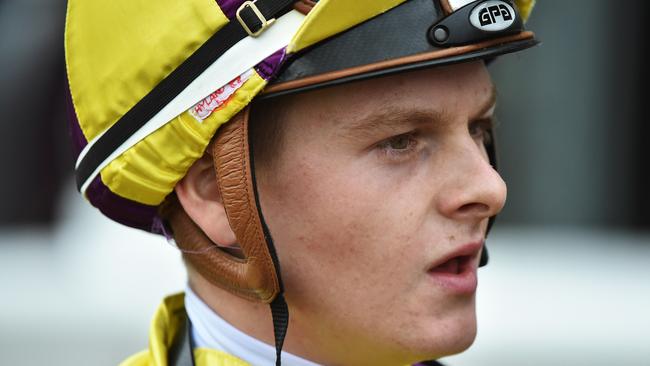 Jockey Ethan Brown speaks to media after riding Maddison Avenue back to victory in race 5, the Le Pine Funerals Handicap during Ladbrokes Park Race Day at Sandown Racecourse in Melbourne, Wednesday, April 10, 2019. (AAP Image/James Ross) NO ARCHIVING