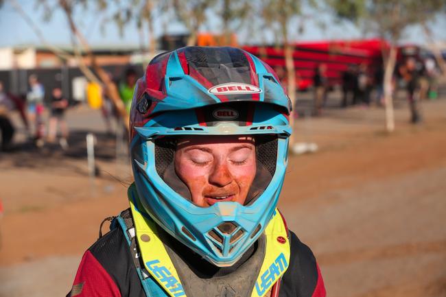 Finke rider Alex Long after crossing the finish line at the 2019 Tatts Finke Desert Race. Pic: MATT HENDERSON