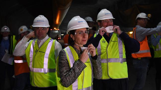 NSW Premier Gladys Berejiklian takes a guided tour on progress of the WestConnex M4 tunnel at Concord yesterday. Picture: AAP