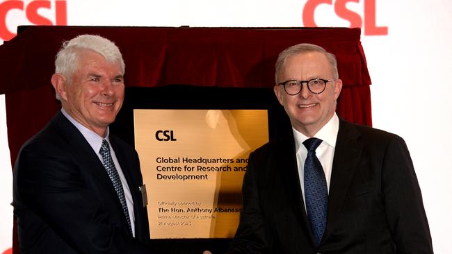 MELBOURNE, AUSTRALIA - NewsWire Photos AUGUST 21, 2023: Prime Minister Anthony Albanese opens the new CSL Global HQ and Centre for Research and Development in Melbourne with Dr Brian McNamee AO, Chair of the Board of Directors of CSL. Picture: NCA NewsWire / Andrew Henshaw