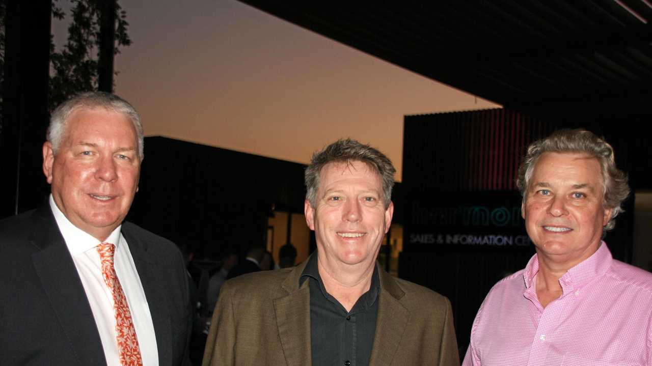 AVID's Bruce Harper with Peter Egerton of RPS and Marcus Ford of CGW at AVID Property Group's launch of its new sales and information centre in Palmview's master-planned community of Harmony. Picture: Erle Levey