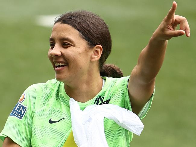 MELBOURNE, AUSTRALIA - NOVEMBER 11: Sam Kerr of the Matildas reacts during an Australia Matildas training session at AAMI Park on November 11, 2022 in Melbourne, Australia. (Photo by Robert Cianflone/Getty Images)