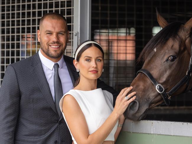 Buddy ÃLanceÃ Franklin and wife Jesinta with a Gay Waterhouse trained horse Knights order. Picture: Jason Edwards