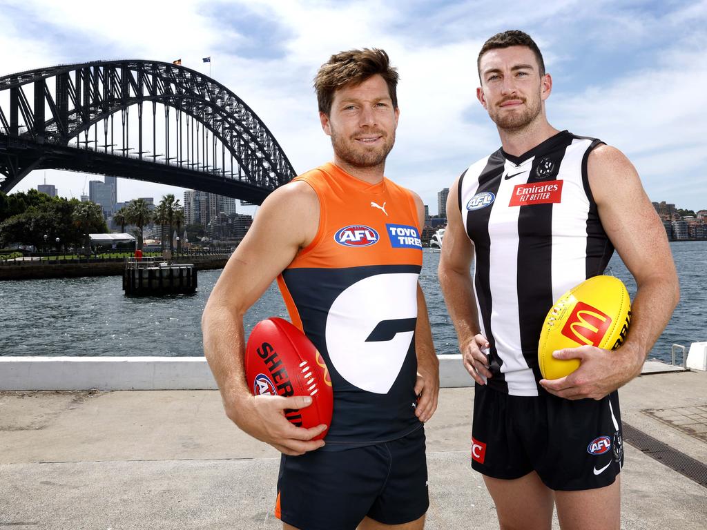 Giant Toby Greene and Collingwood's Daniel McStay at the launch of the Opening Round this year. Picture: Phil Hillyard