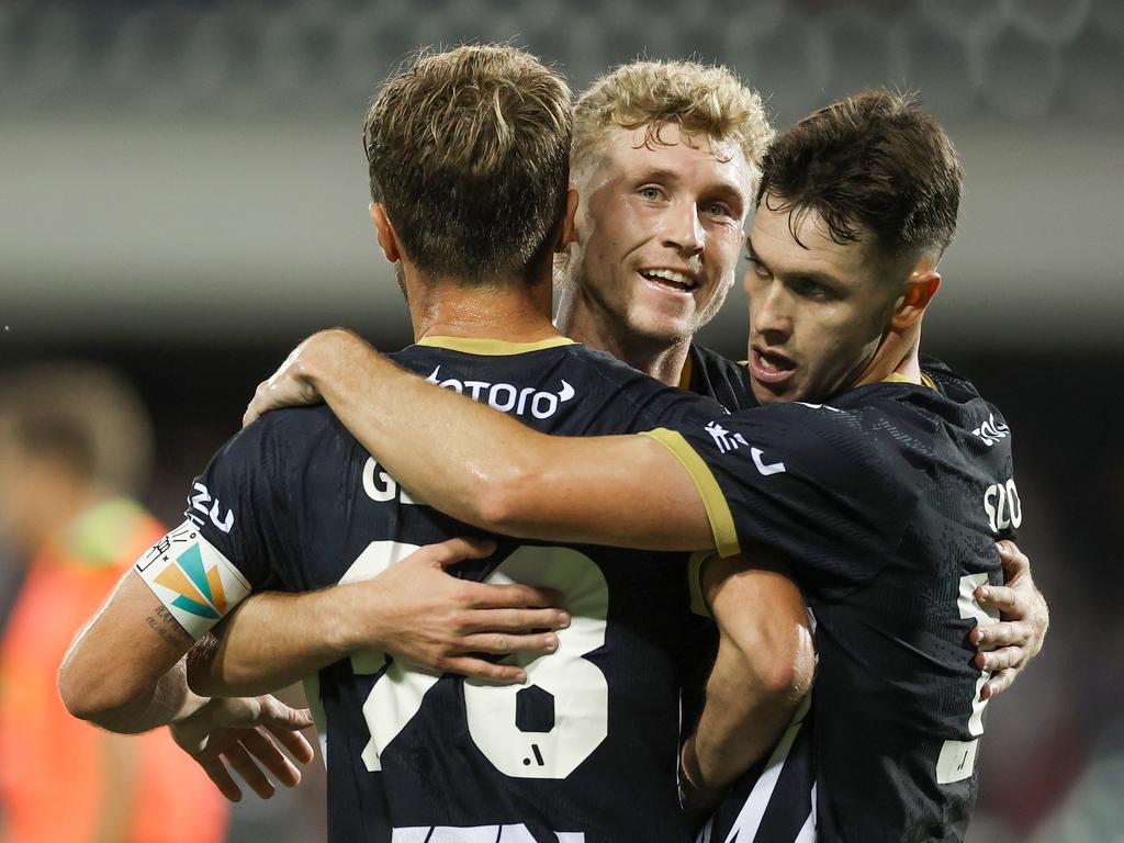 Valere Germain of the Bulls (L) celebrates scoring a goal with Jed Drew. Photo: Mark Evans/Getty Images.