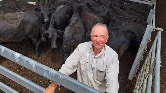 Breeder John Harrison, Warrenall, with his pen of 30 Angus steers, which topped Wednesday’s Euroa Black Friday steer sale at $2040 a head. Picture: Jenny Kelly