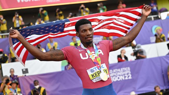 Kerley celebrates after winning the 100m final at the World Athletics Championships in Oregon on July 16, 2022. (Photo by ANDREJ ISAKOVIC/AFP)