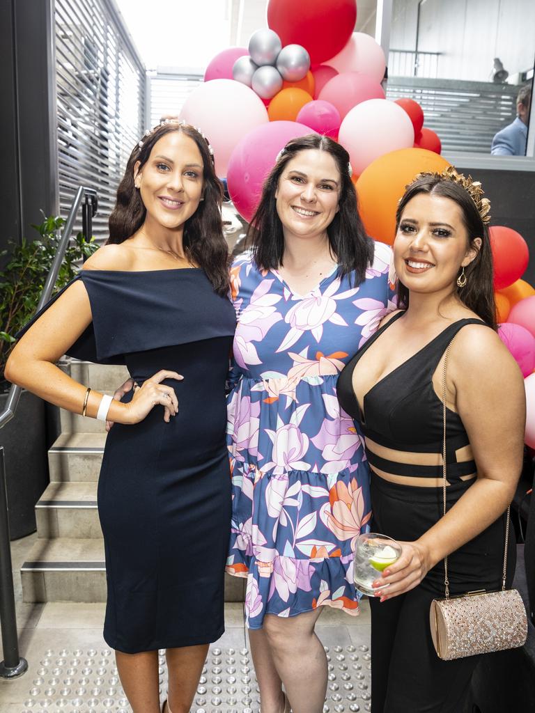 At the Melbourne Cup party at The Rock are (from left) Holly Leitch, Bianca Flanagan and Breanna Boardman, Tuesday, November 1, 2022. Picture: Kevin Farmer