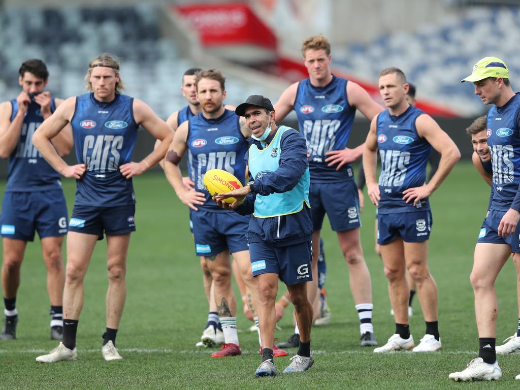 Eddie Betts leads Cats training. Picture: Alan Barber