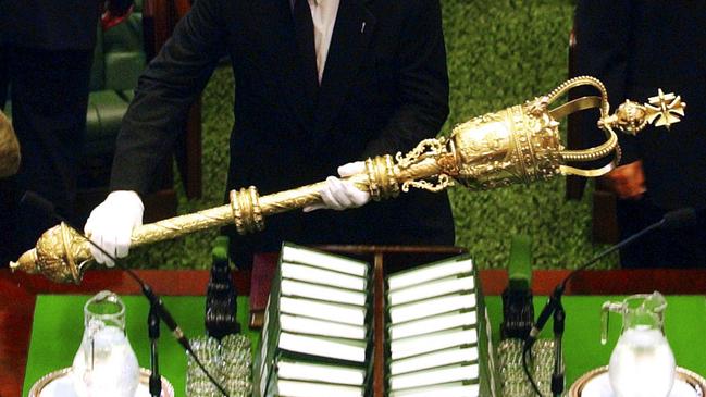 An earlier version of The Victorian parliamentary mace – similar to the one used by then Governor Peter Landy to open proceedings in 2003 – was stolen in 1891. AAP Image/ Joe Castro.