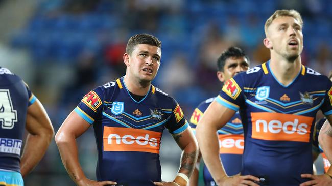 Ash Taylor (middle) looks on during the Titans’ loss to the Cowboys. Picture: Getty Images