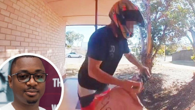 Artwork for man on a scooter, watched by an accomplice, takes a package from the Camden Park home of Tochi Ijomah 15 minutes after it was delivered. Picture: Supplied