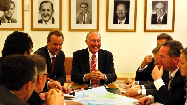 Nationals leader Warren Truss welcomes new MPs to the partyroom in Parliament House. Picture: Ray Strange