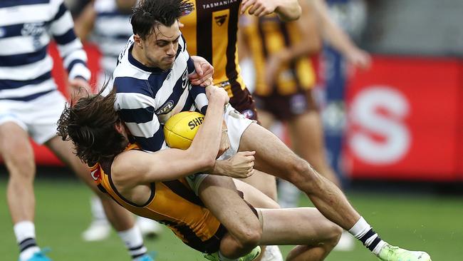 Hawthorn’s Will Day tackles Brad Close. Picture: Michael Klein