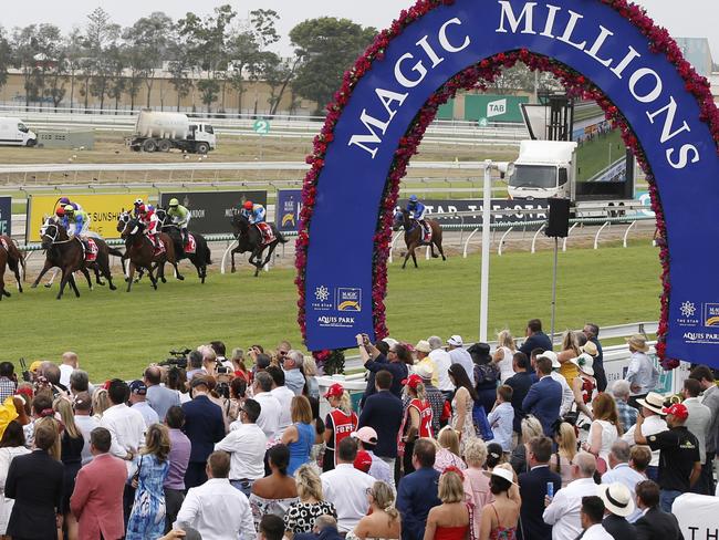 GOLD COAST, AUSTRALIA - JANUARY 11: Glenn Boss riding Primitivo takes an early lead in the $1 Million Ferrari Magic Millions Trophy during the 2019 Magic Millions at the Gold Coast Turf Club on January 11, 2020 in Gold Coast, Australia. (Photo by Regi Varghese/Getty Images)