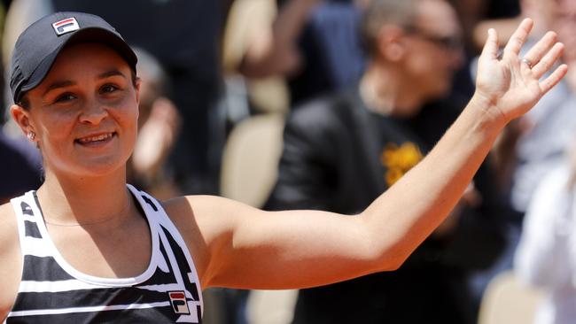 Ash Barty celebrates her French Open quarter-final win over Madison Keys on Thursday night. Picture: AFP