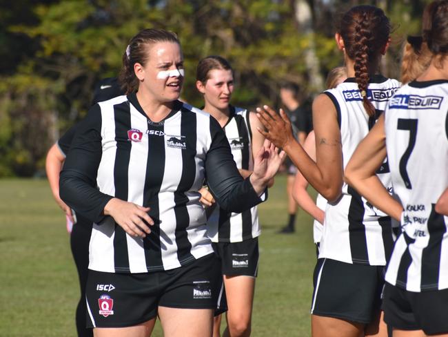 Panthers’ co-captain Laura Jonassen with her teammates after their 59-point win over BITS Saints last Saturday.