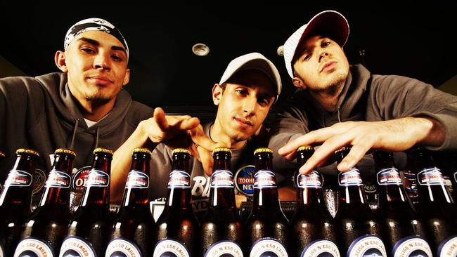 Bliss N Eso in 2005 with a custom-branded beer line, from left: Eso, DJ Izm and Bliss. Picture: Archive